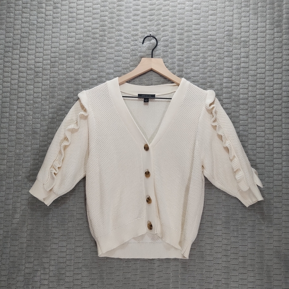 Ann Taylor Sweaters - Ann Taylor Knit Cream V-Neck Cardigan Half Ruffle Sleeves-Sz S